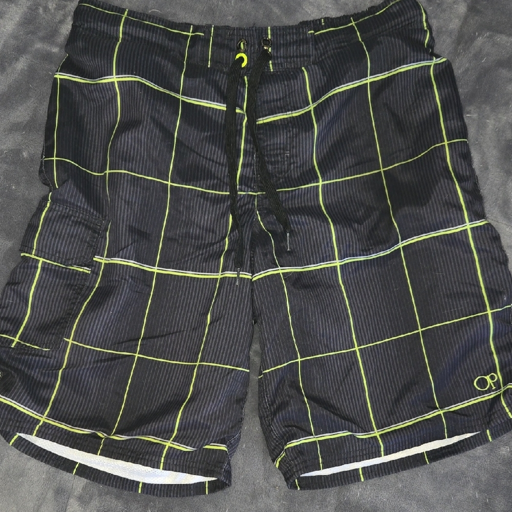 OP Men's Black and Neon Green Plaid Swim Shorts